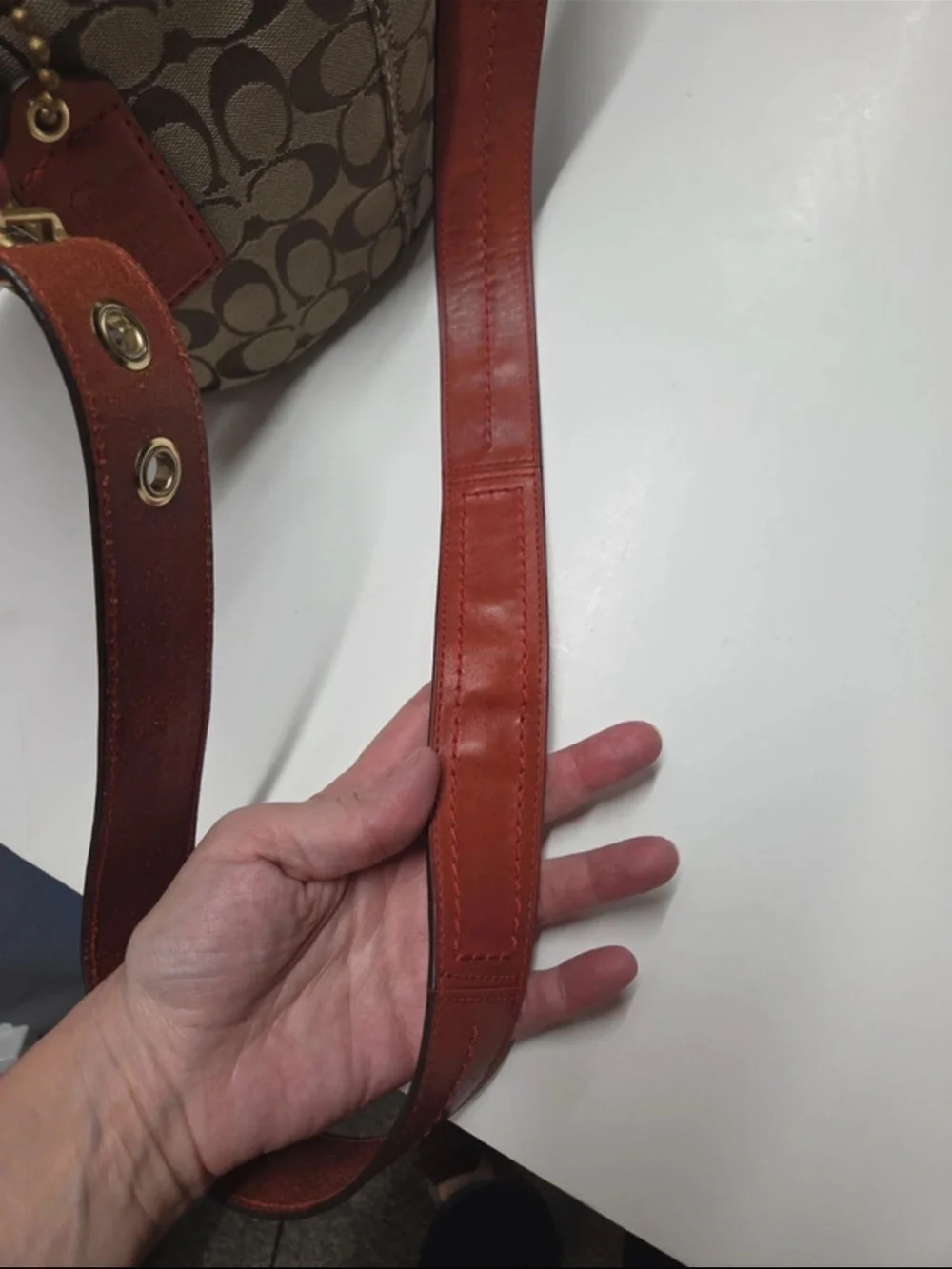 Coach Brown Signature Canvas Bucket Bag with Rust Leather Trim